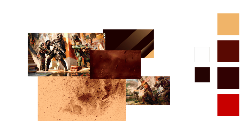 A collage of images showing BF2042 branding imagery and colour palette.